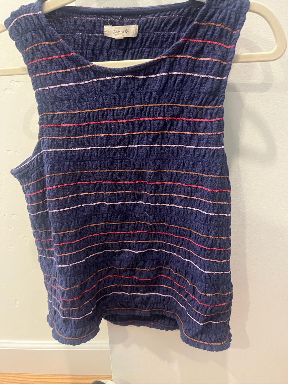 Madewell Navy Textured Tank with Pink & Orange Stripes